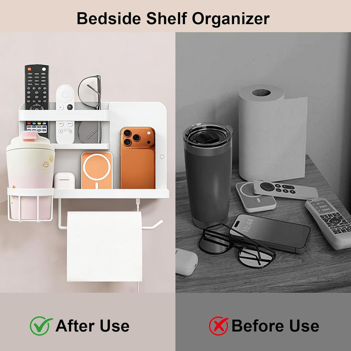 Bcareself Bedside Wall Organizer, Floating Bedside Shelf Wall Mount, Dorm Room Essentials, Remote Control Holder, Dorm Decor Organization and Storage Cool Teen Girls Trendy Stuff (White)