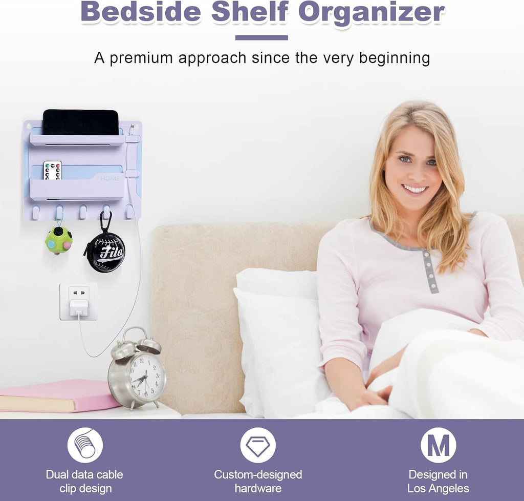 Bedside Shelf Wall Mount, Adhesive Bedside Shelf Accessories Organizer with Hooks and Cable Clips,Dorm Bedside Wall Storage for Phone, Remote, Earphone, Kindle,Plastic(White)