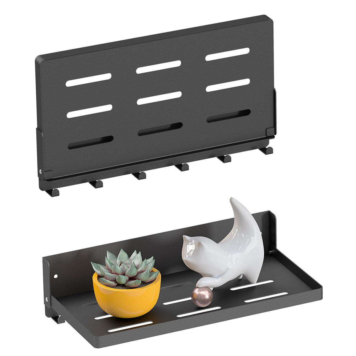 Small Folding Metal Shelf with Hooks, RV Fold-Down Wall Shelf, 6 Hooks, Drop Down Floating Shelf for Laundry Room, Kitchen, Bedside, Toilet Room, Bathroom, Utility, Black（11.8", 1 Pack）
