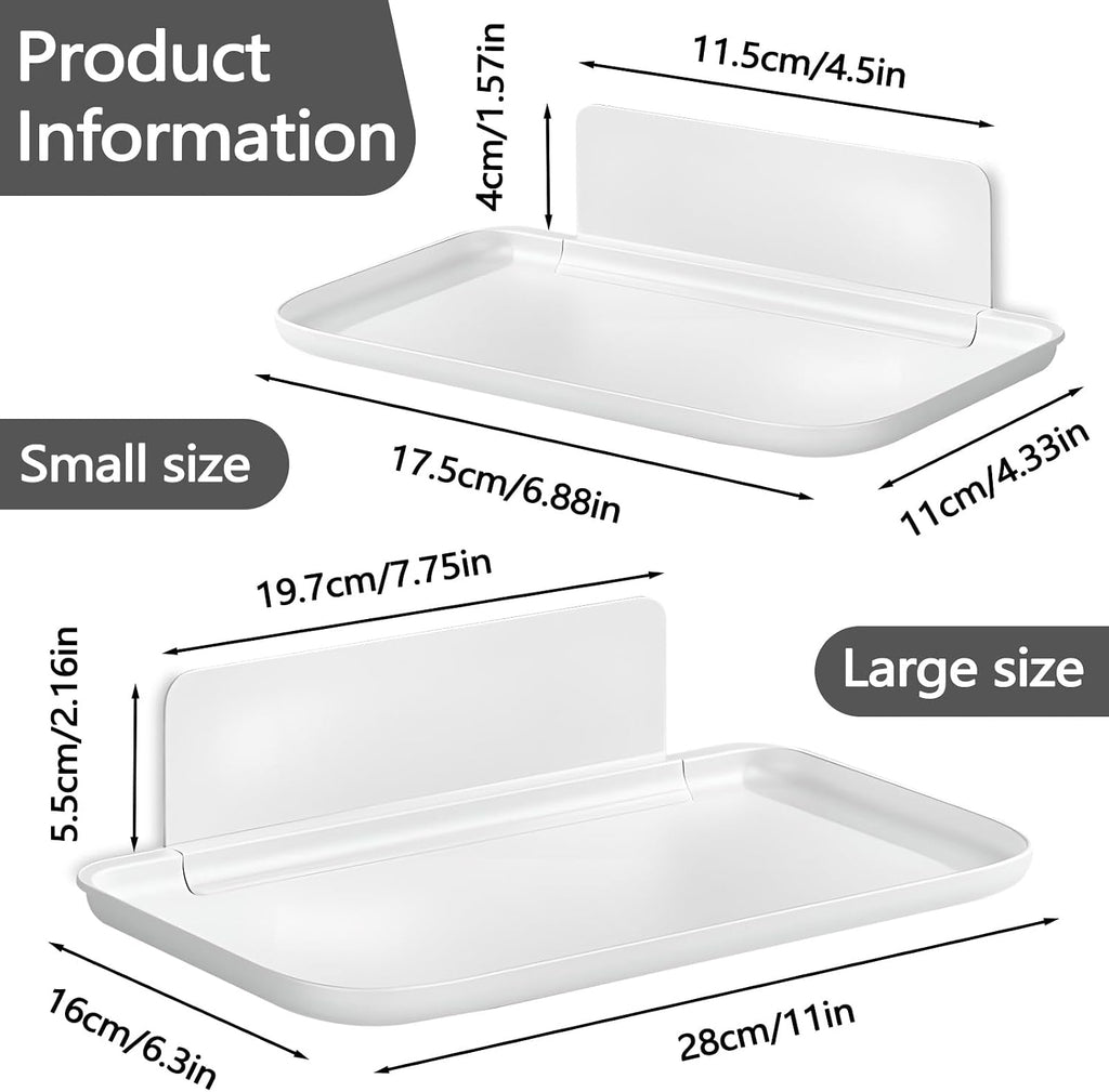 2 Pack White PP Folding Wall Shelf, 6.8" x 4.3" & 11" x 6.3" Foldable Adhesive Shelves, Small Fold-Down Wall Storage Tray for Bathroom Toilet Kitchen Phone Towel