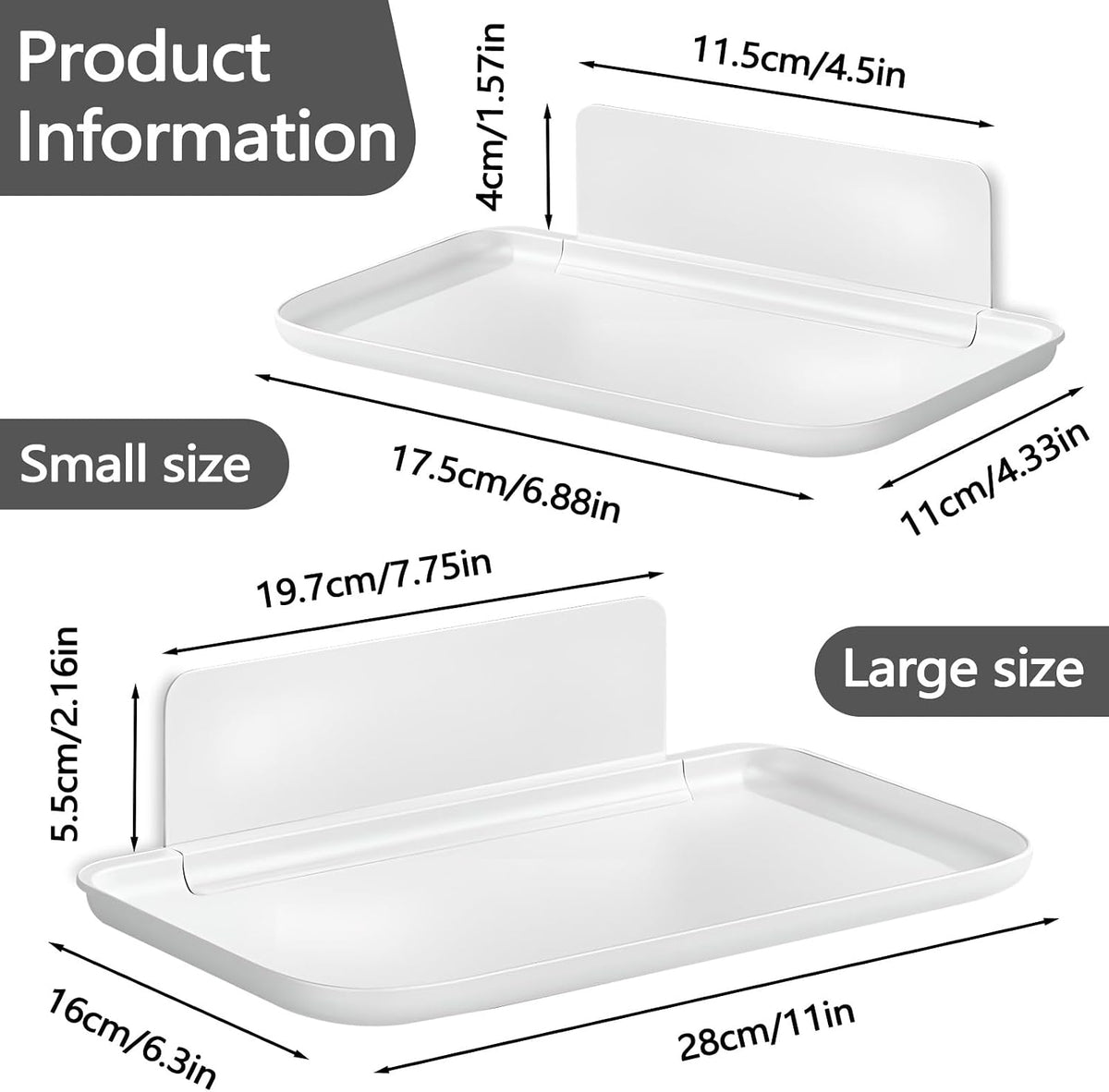 2 Pack White PP Folding Wall Shelf, 6.8" x 4.3" & 11" x 6.3" Foldable Adhesive Shelves, Small Fold-Down Wall Storage Tray for Bathroom Toilet Kitchen Phone Towel