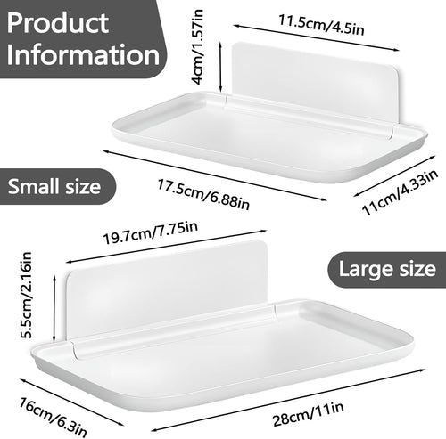 2 Pack White PP Folding Wall Shelf, 6.8" x 4.3" & 11" x 6.3" Foldable Adhesive Shelves, Small Fold-Down Wall Storage Tray for Bathroom Toilet Kitchen Phone Towel