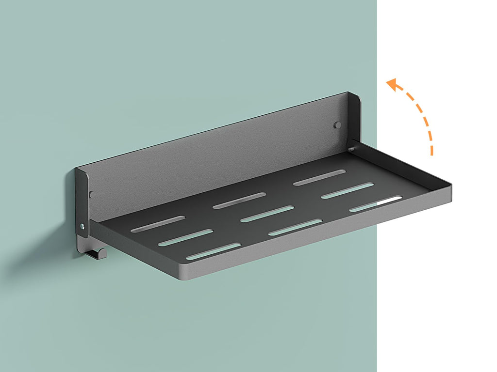 Small Folding Metal Shelf with Hooks, RV Fold-Down Wall Shelf, 6 Hooks, Drop Down Floating Shelf for Laundry Room, Kitchen, Bedside, Toilet Room, Bathroom, Utility, Black（11.8", 1 Pack）