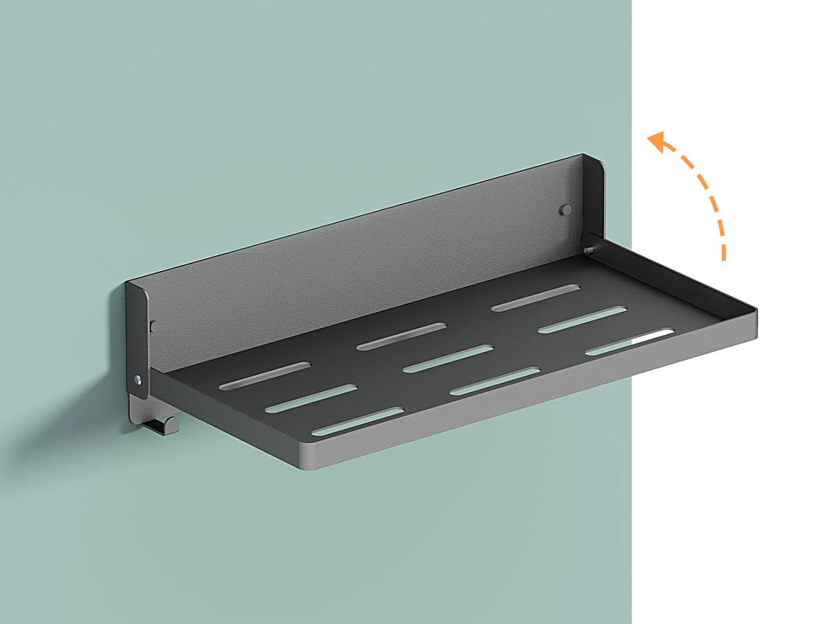 Small Folding Metal Shelf with Hooks, RV Fold-Down Wall Shelf, 6 Hooks, Drop Down Floating Shelf for Laundry Room, Kitchen, Bedside, Toilet Room, Bathroom, Utility, Black（11.8", 1 Pack）