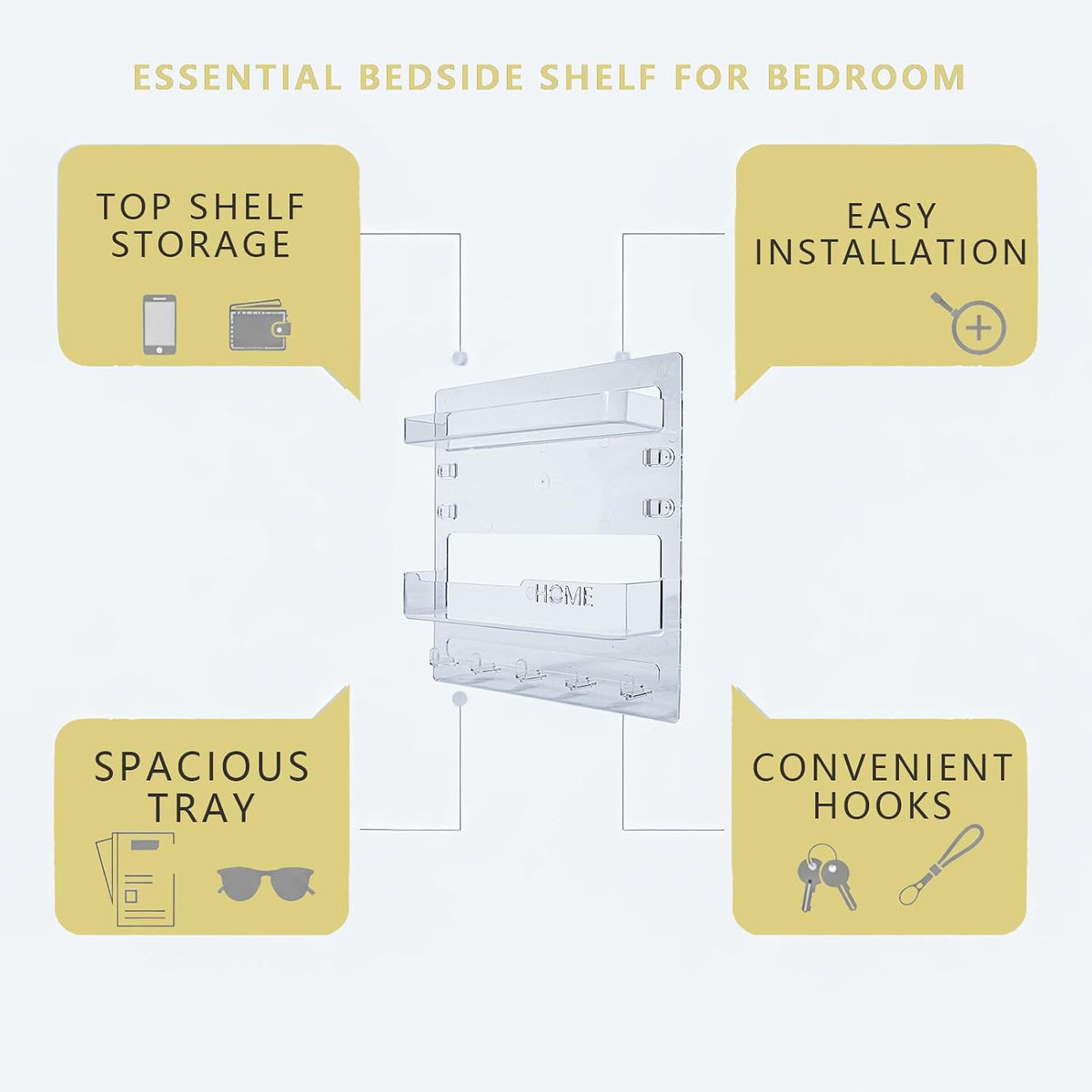 Bedside Shelf with Nanotape, No Drill Wall Mounted Organizer for Phone & Remote, Floating Charging Shelf for Dorm, Apartment, RV, Small Space Bedroom Decor for College Girl,Clear