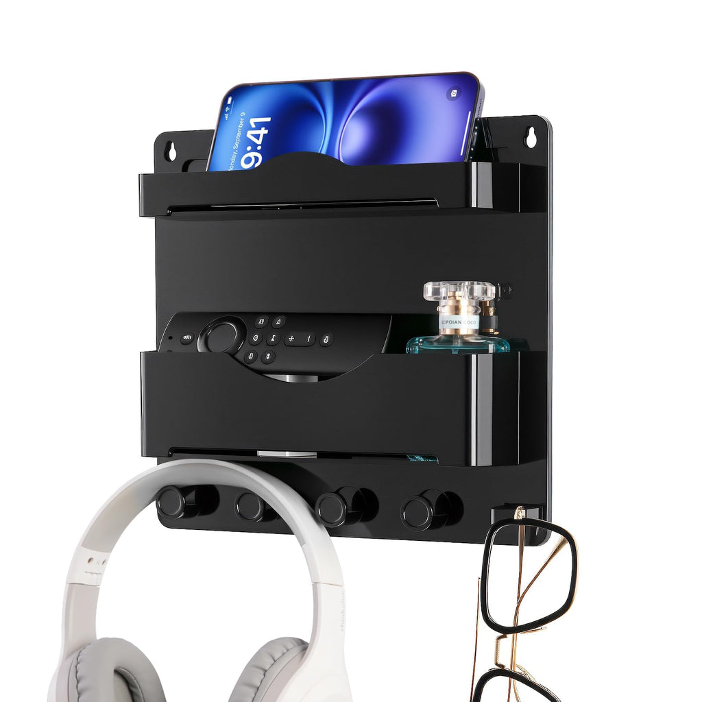Bedside Wall Shelf with Glasses Hooks, Adhesive Bedside Organizer Wall Mount for Dorm and Room Accessories Phone，Remote，Earphone， Kindle (White)