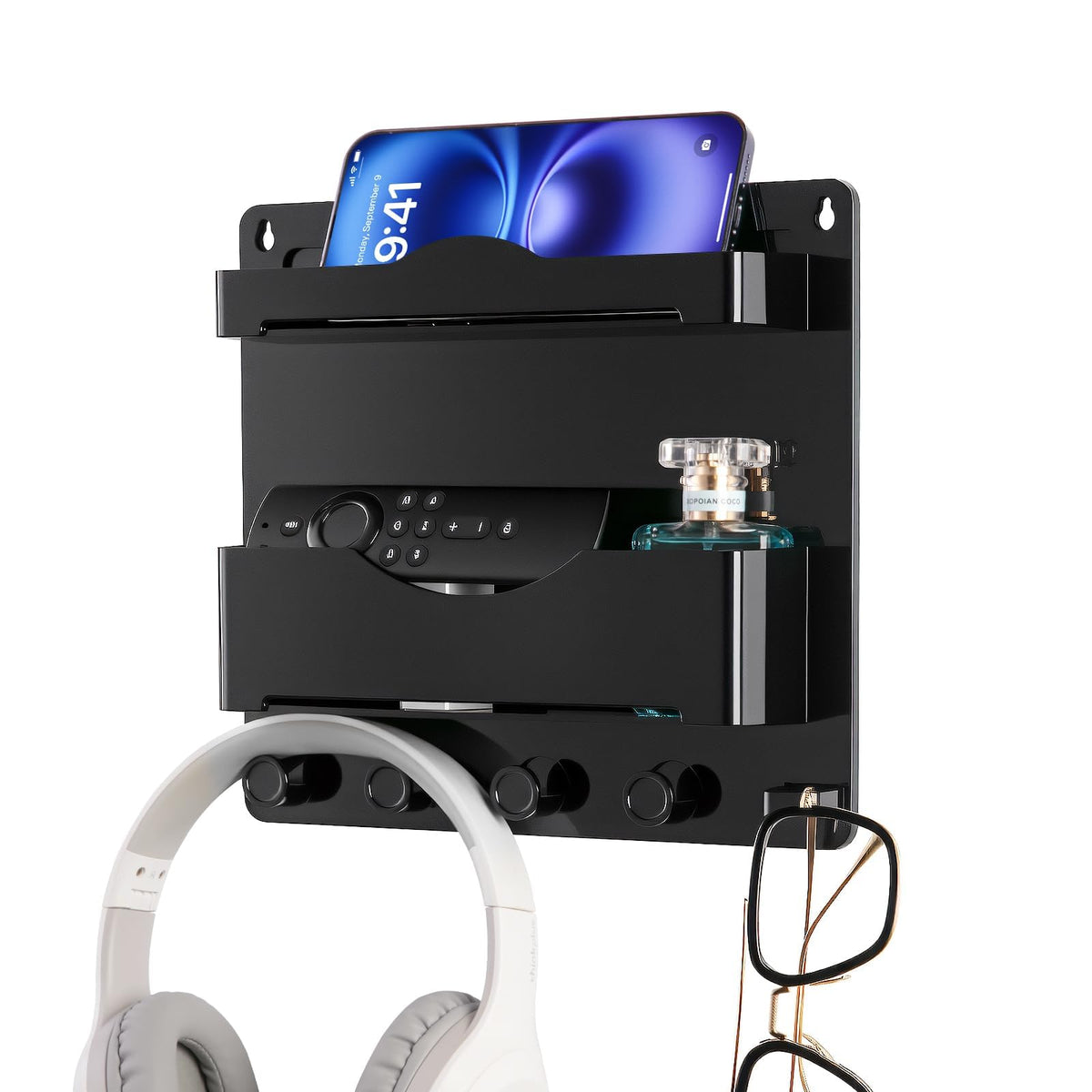 Bedside Wall Shelf with Glasses Hooks, Adhesive Bedside Organizer Wall Mount for Dorm and Room Accessories Phone，Remote，Earphone， Kindle (White)