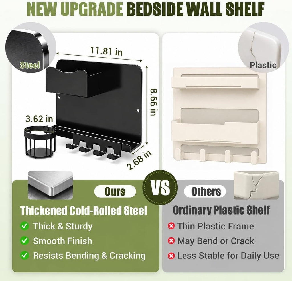 Floating Bedside Wall Shelf, Metal Wall Organizer with Detachable Cup Holde