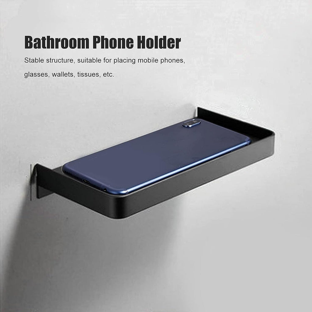 Floating Wall Shelves, Wall Mounted Tray Bathroom Wall Shelf Bathroom Phone Shelf Toilet Mobile Phone Holder Stainless Steel Bathroom Tray Wall Mounted 185x90mm (Black)