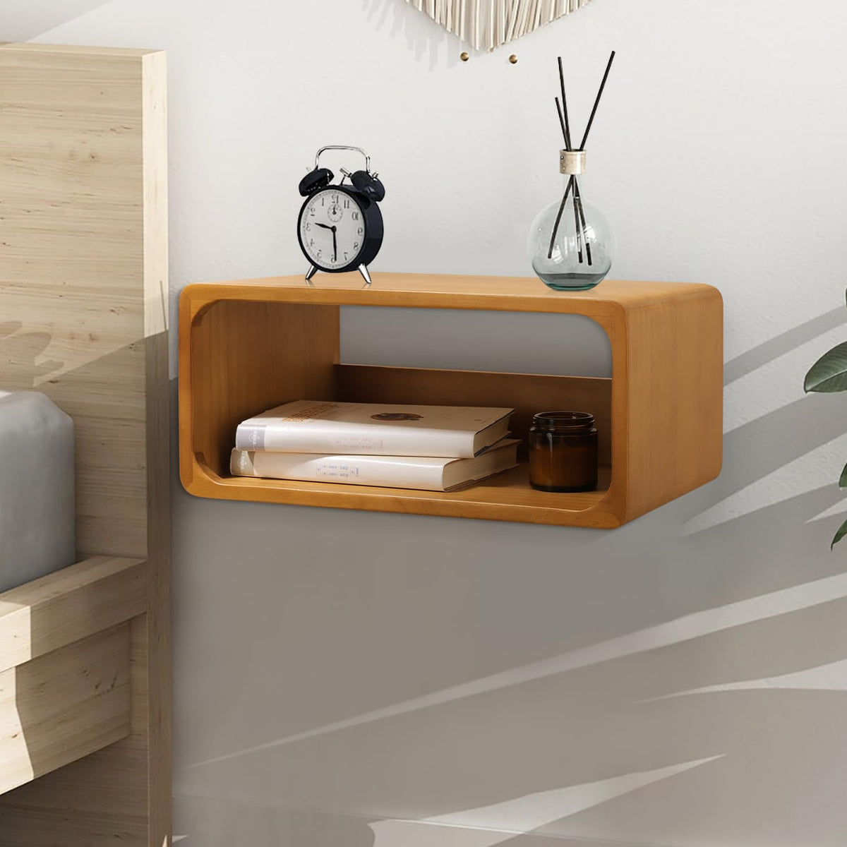 Floating Nightstand, Wall Mounted Bedside Shelf, Handmade Bedroom Furniture,Pine Wood Floating Bedside Table, Minimalist and Unique Style 18”x 10”x 7.5” Brown