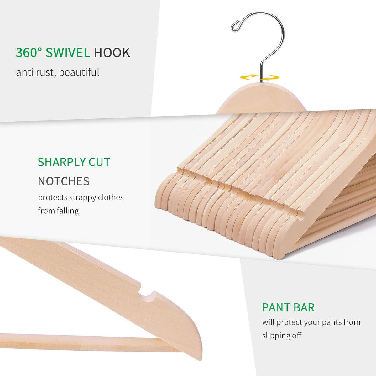 Nature Smile 20 Pack Unfinished Natural Solid Wooden Clothes Hangers Wood Suit Coat Jacket Hanger with Extra Smoothly Cut Notches and Bar - 360°Stronger Rotatable Hook