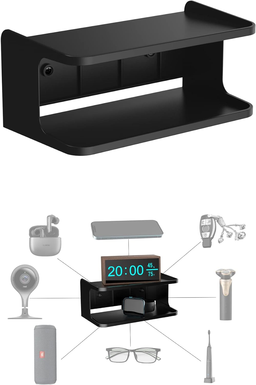 Bedside Wall Shelf Organizer, Small Bedside Shelf, (Black)