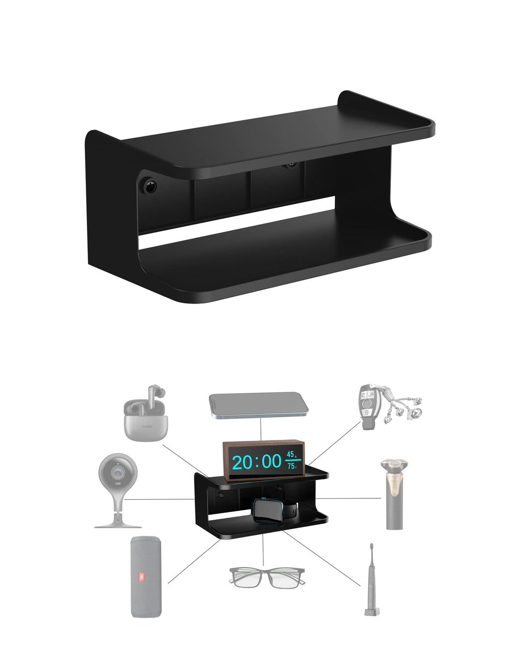 Bedside Wall Shelf Organizer, Small Bedside Shelf, (Black)