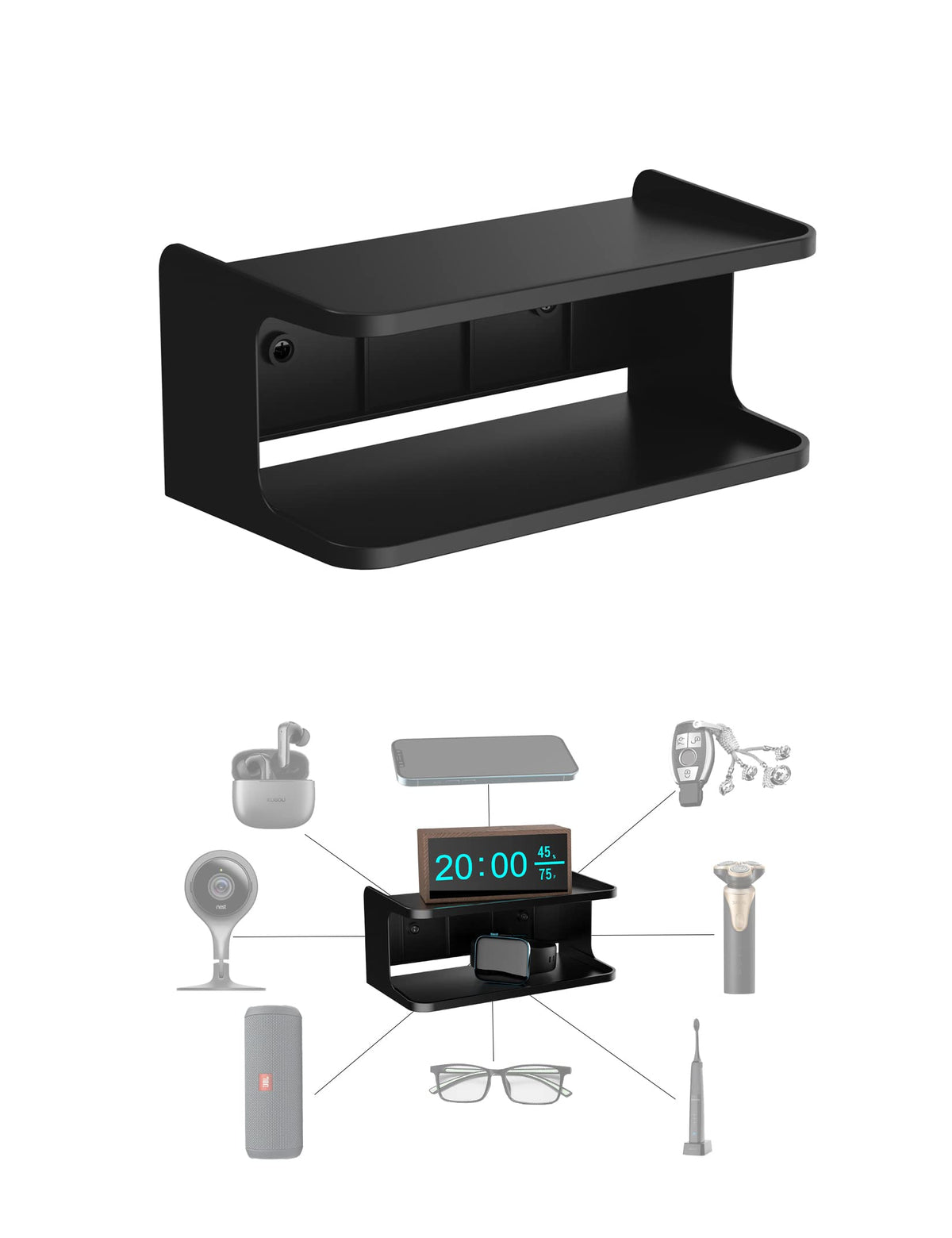 Bedside Wall Shelf Organizer, Small Bedside Shelf, (Black)