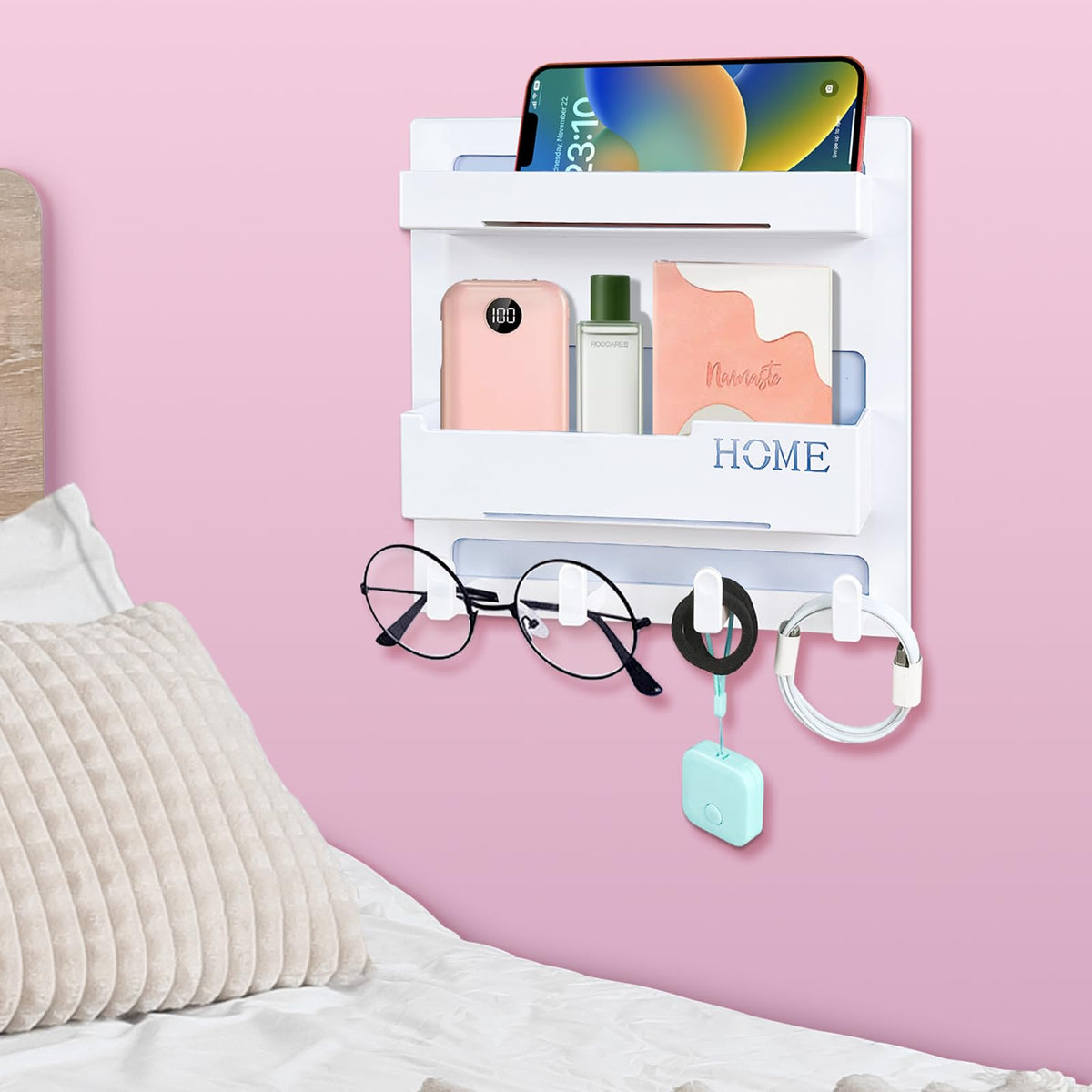 Bedside Wall Organizer, Wall Mount Self Stick On, Cute Room Decor Aesthetic, Girls Room Decor, Cool Stuff for Bedroom Storage and Organization