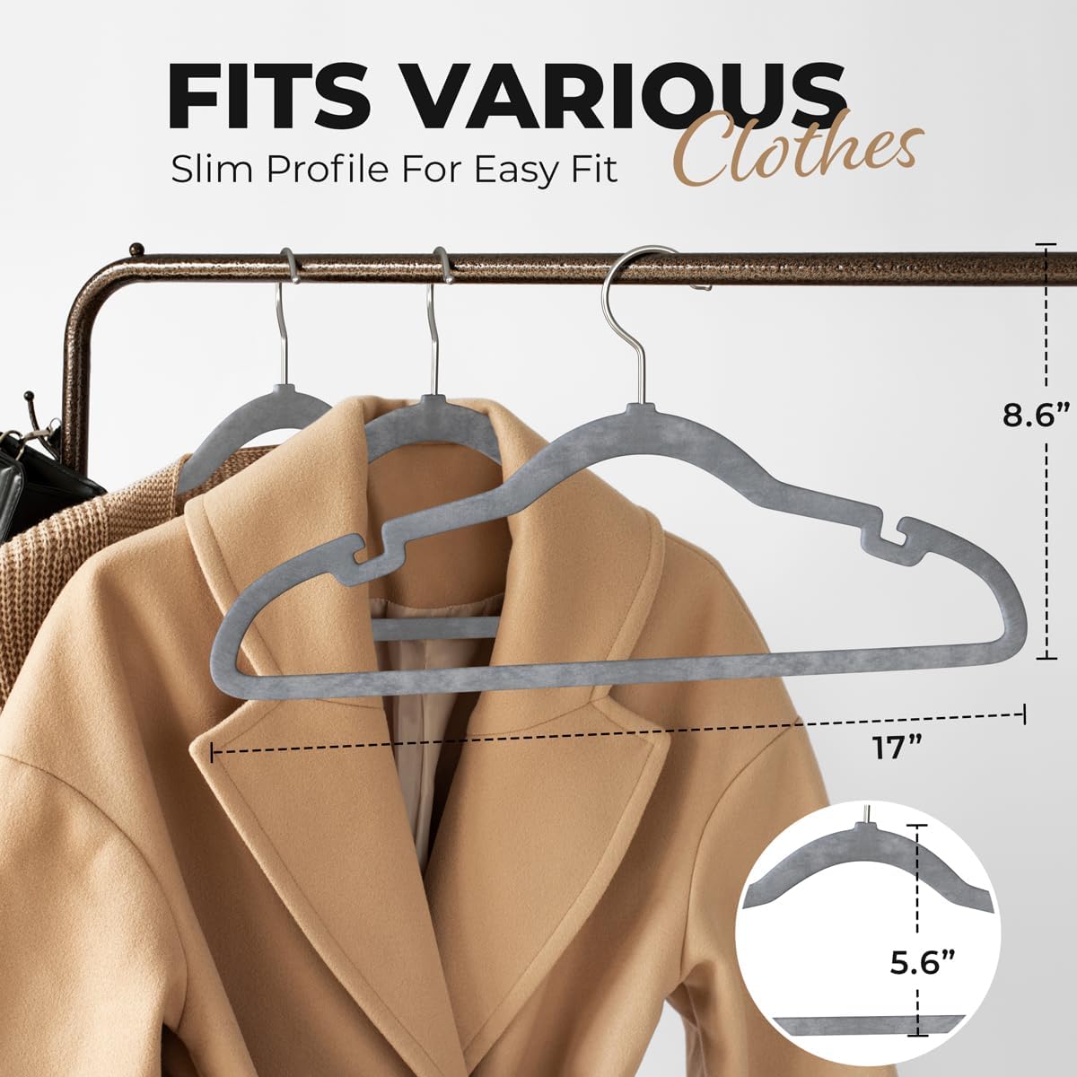 Our Modern Space 100 Pack Velvet Hanger for Shirt Pants Dresses Skirts Suits Jackets - Slim Space Saving Design - Standard Coat Hanger - Sturdy & Durable Design with Shoulder Grooves Hook