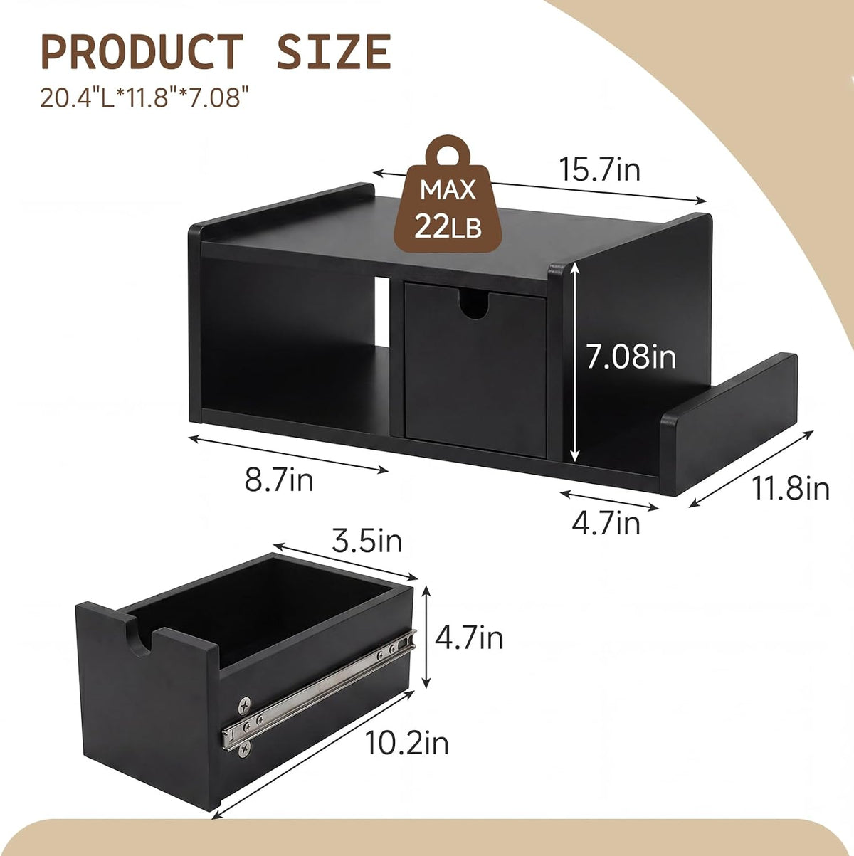 Floating Nightstand with Drawer & Open Shelf, Wall Mount, Black