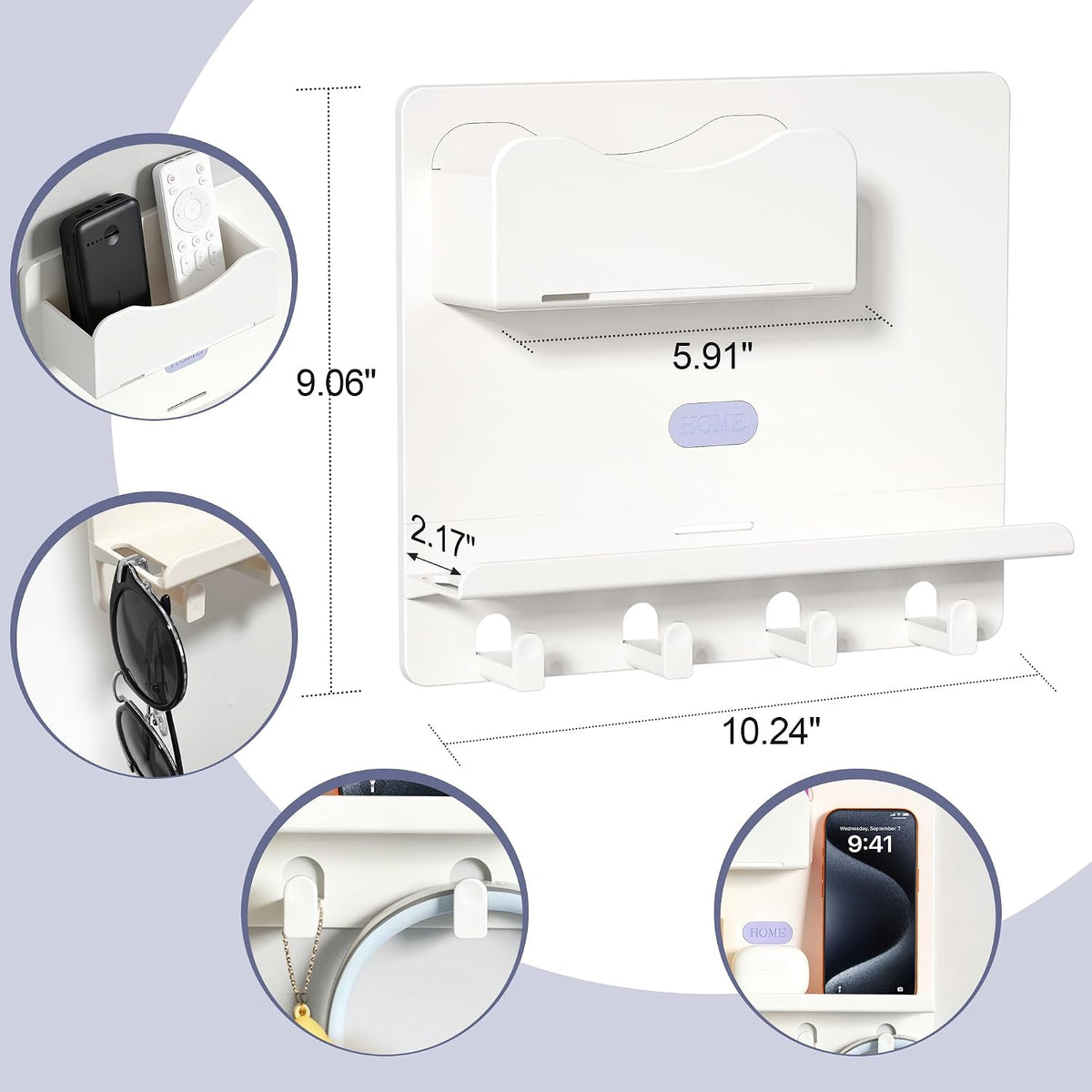 Bedside Shelf Wall Mount, Adhesive Bedside Shelf Accessories Organizer with Hooks and Cable Clips,Dorm Bedside Wall Storage for Phone, Remote, Earphone,Plastic (White)