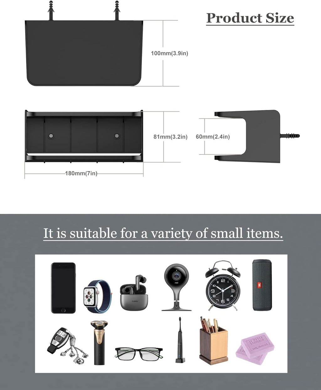 Bedside Wall Shelf Organizer, Small Bedside Shelf, (Black)