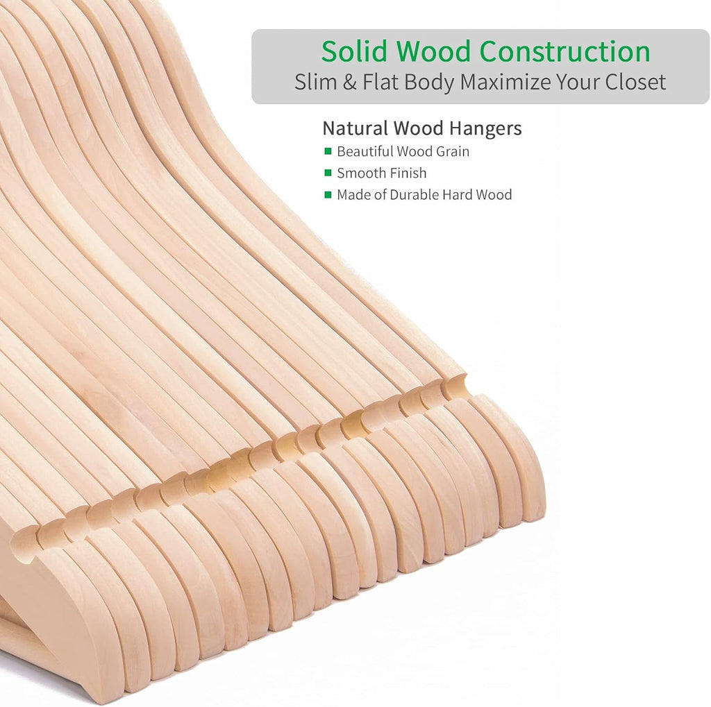 Nature Smile 20 Pack Unfinished Natural Solid Wooden Clothes Hangers Wood Suit Coat Jacket Hanger with Extra Smoothly Cut Notches and Bar - 360°Stronger Rotatable Hook