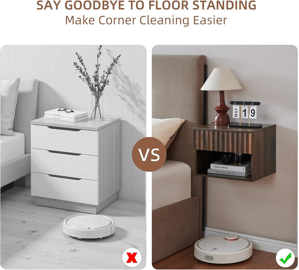 BuildHom Floating Nightstand Set of 2 with Fluted Drawer, Bedside Table