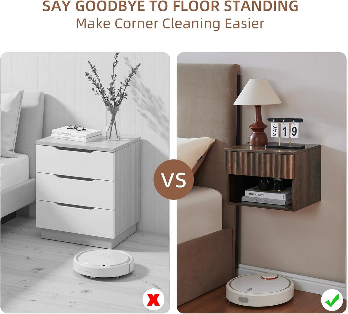 BuildHom Floating Nightstand Set of 2 with Fluted Drawer, Bedside Table