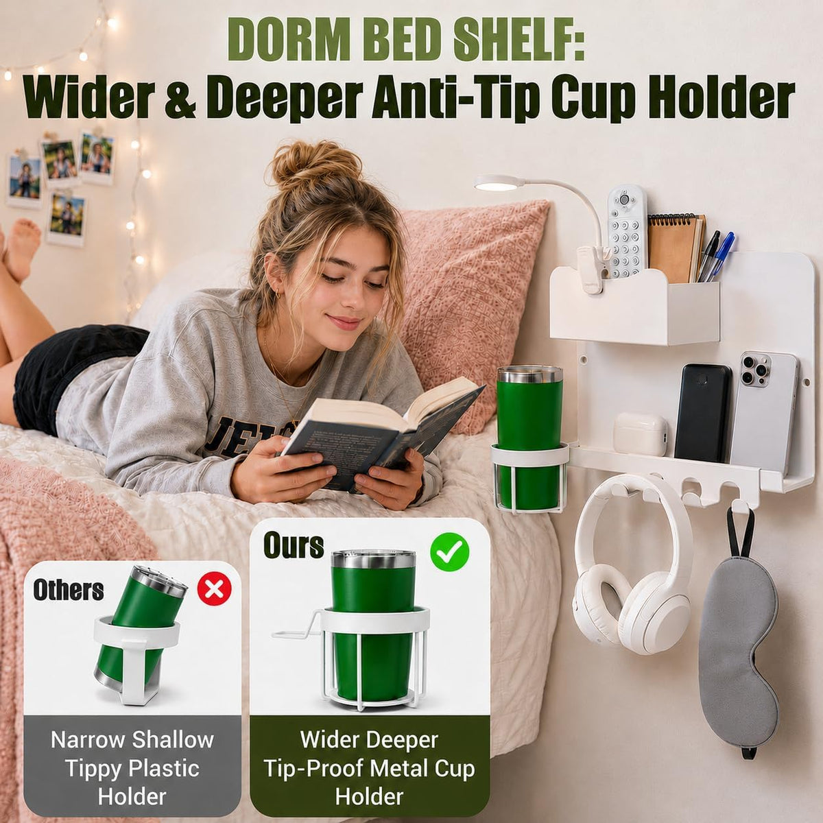 Floating Bedside Wall Shelf, Metal Bedside Wall Organizer with Detachable Cup Holder, No Drill Wall Mounted Storage for Bedroom, Dorm, Loft Bed, Bunk Bed & Small Space Organization