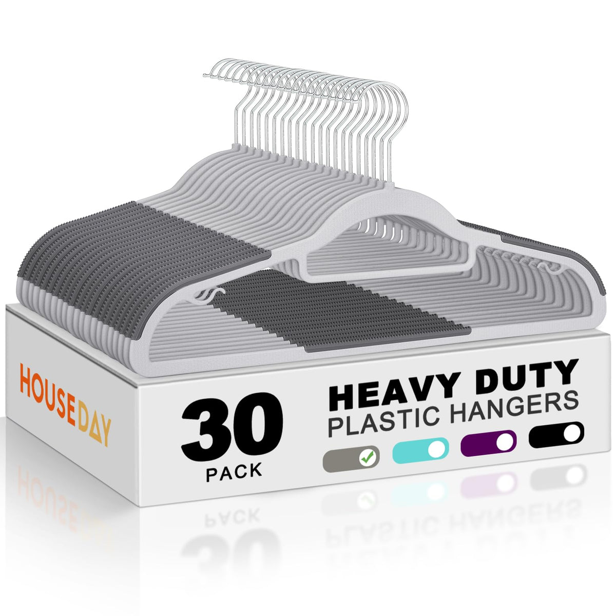 HOUSE DAY Plastic Hangers 50 Pack, Grey Plastic Clothes Hangers Non Slip with Rubber Grip, Heavy Duty Hanger with 360° Swivel Metal Hook, Ultra Thin Hangers Space Saving for Closet Organizer