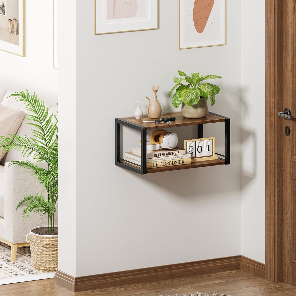 Floating Nightstand, Wood Bedside Shelf Wall Mounted Nightstand with Heavy-Duty Frame, Floating Bedside Table for Bedroom, Bathroom, Kitchen, (Vintage Brown, 1 Pack)