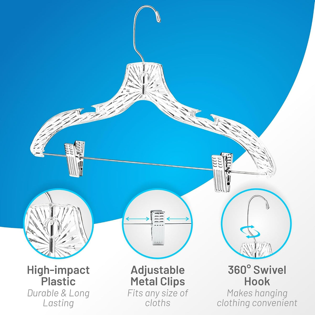 DEILSY™ Clothes Hangers with Clips 12 Pack Crystal Clear Plastic Hangers