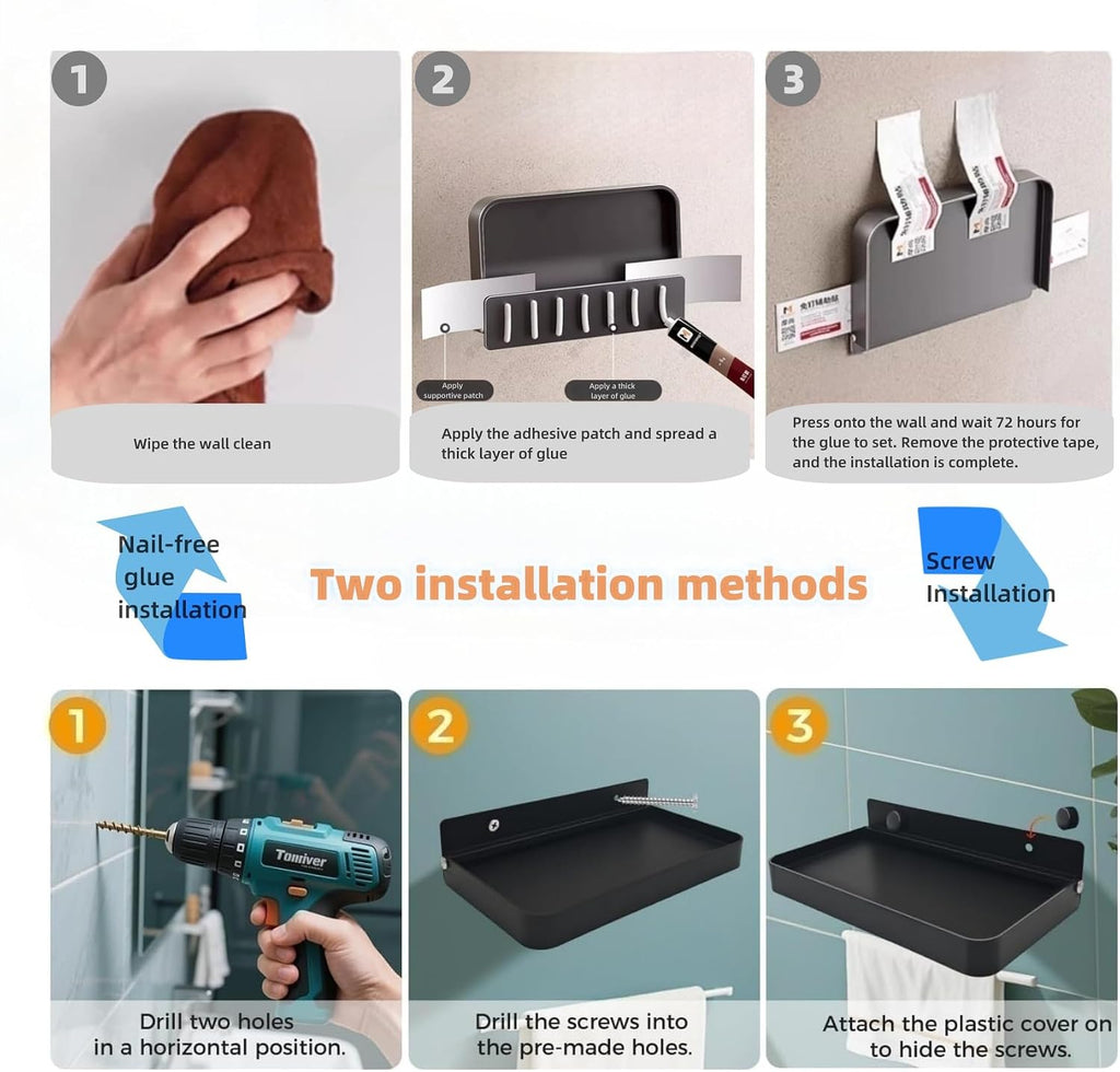 Bathroom wall-Mounted Tray, Small Aluminum Foldable Bracket, Storage Rack for Small Items, Suitable for Toilets, Bedside, and washbasins (Black)
