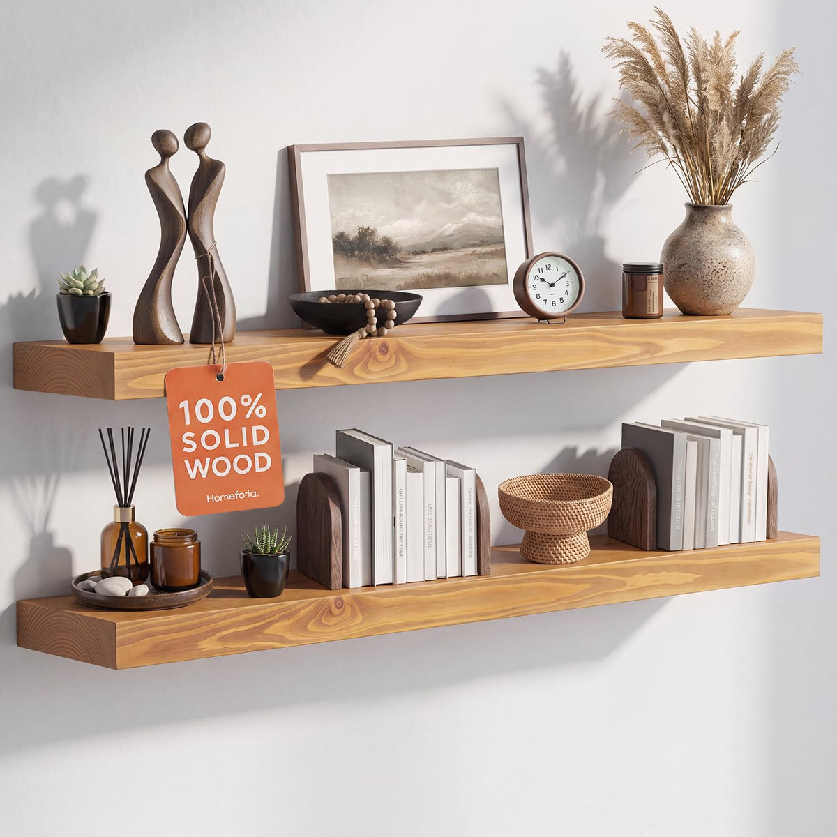 Homeforia 12 Inch Floating Shelves, High-End Solid Pine Wood, Set of 2