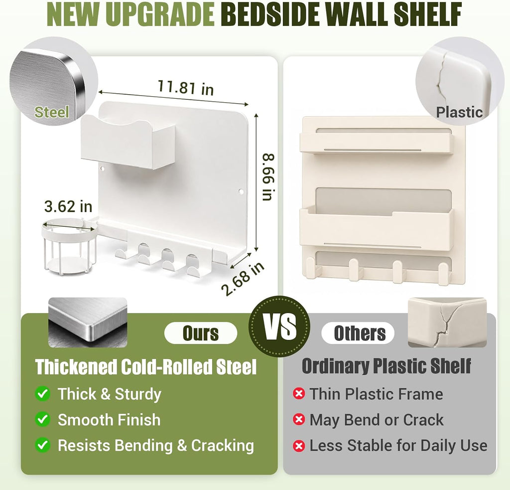 Floating Bedside Wall Shelf, Metal Bedside Wall Organizer with Detachable Cup Holder, No Drill Wall Mounted Storage for Bedroom, Dorm, Loft Bed, Bunk Bed & Small Space Organization