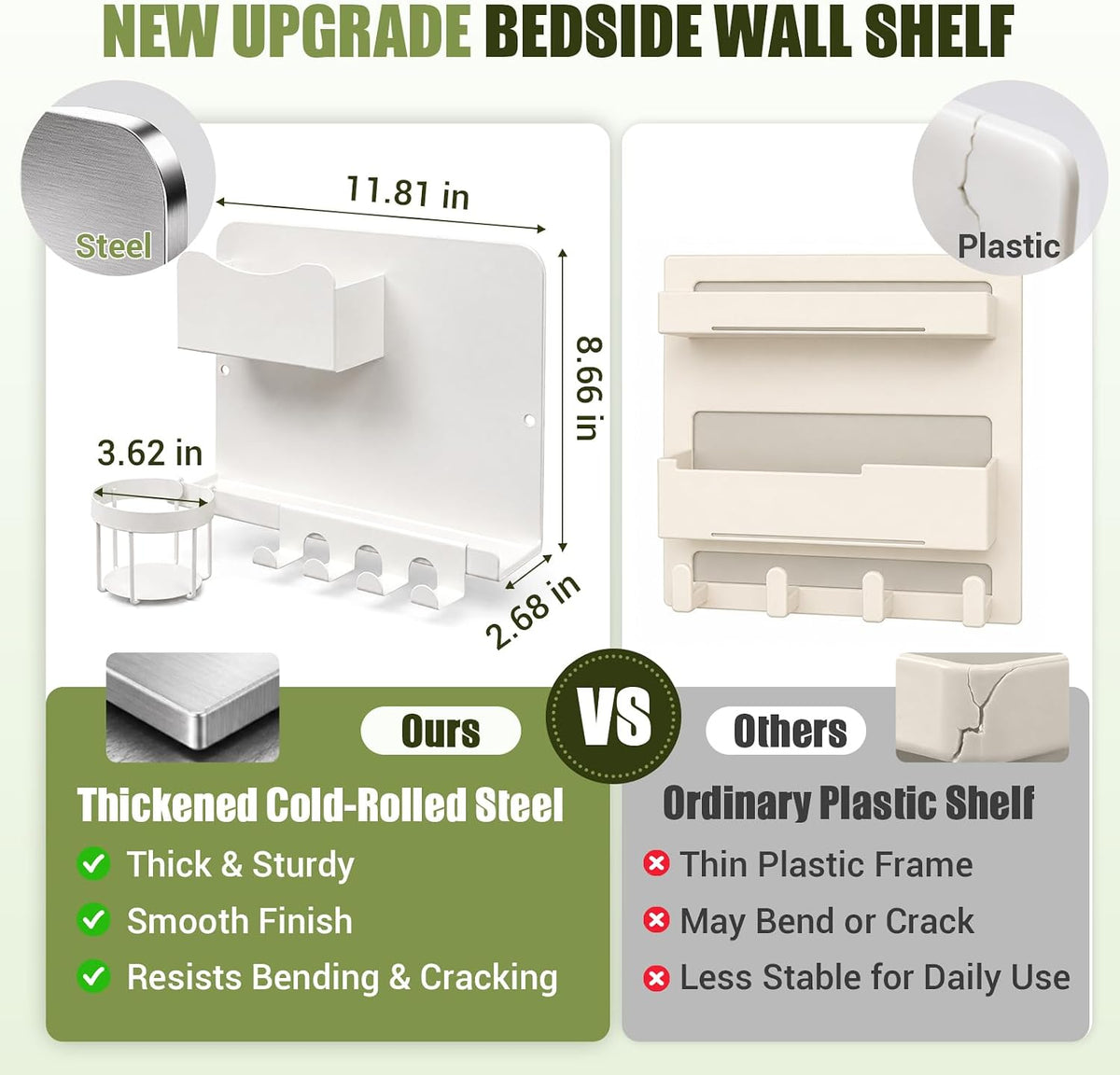 Floating Bedside Wall Shelf, Metal Bedside Wall Organizer with Detachable Cup Holder, No Drill Wall Mounted Storage for Bedroom, Dorm, Loft Bed, Bunk Bed & Small Space Organization