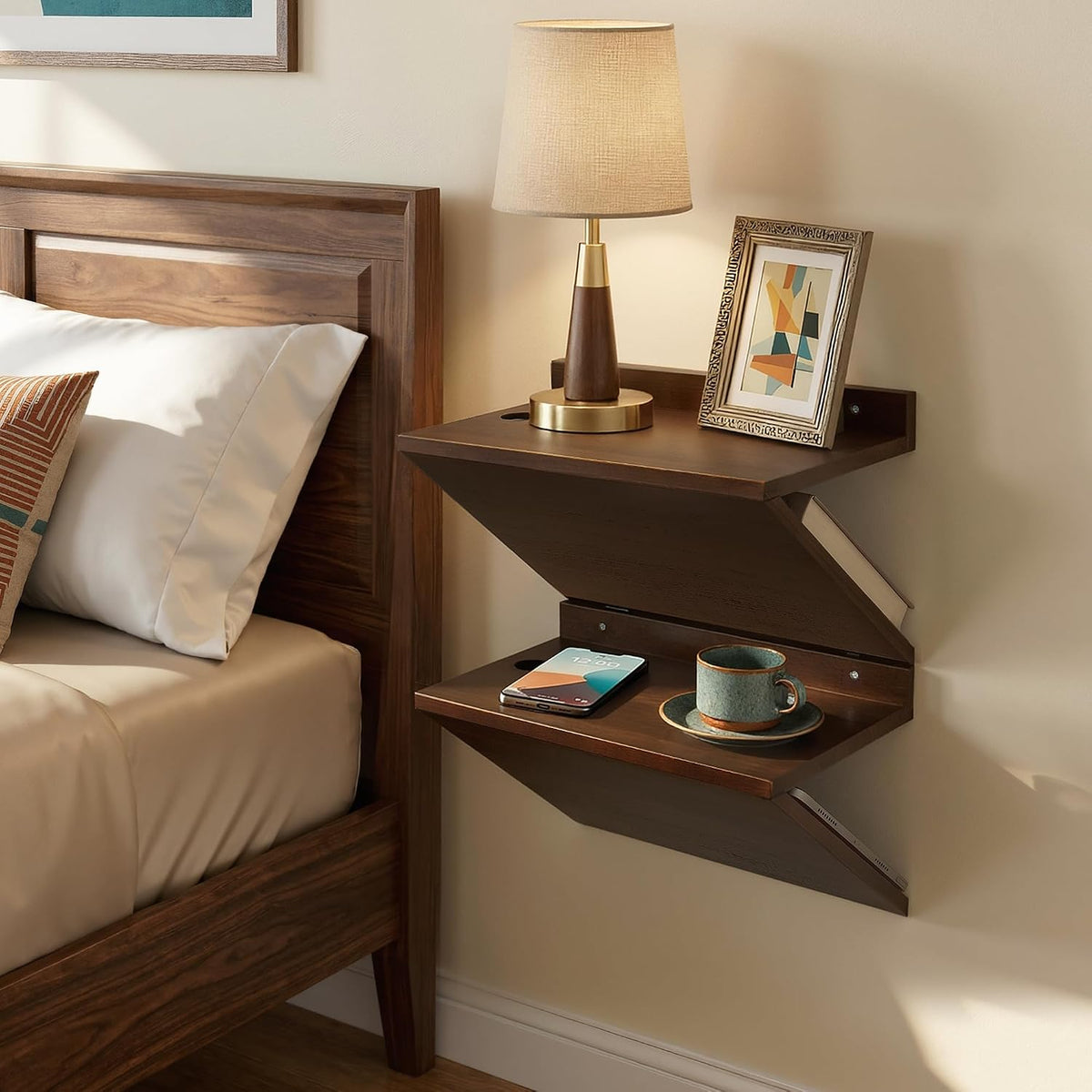 Floating Nightstand Set of 2 Walnut Bedside Table Wall Mounted Wood