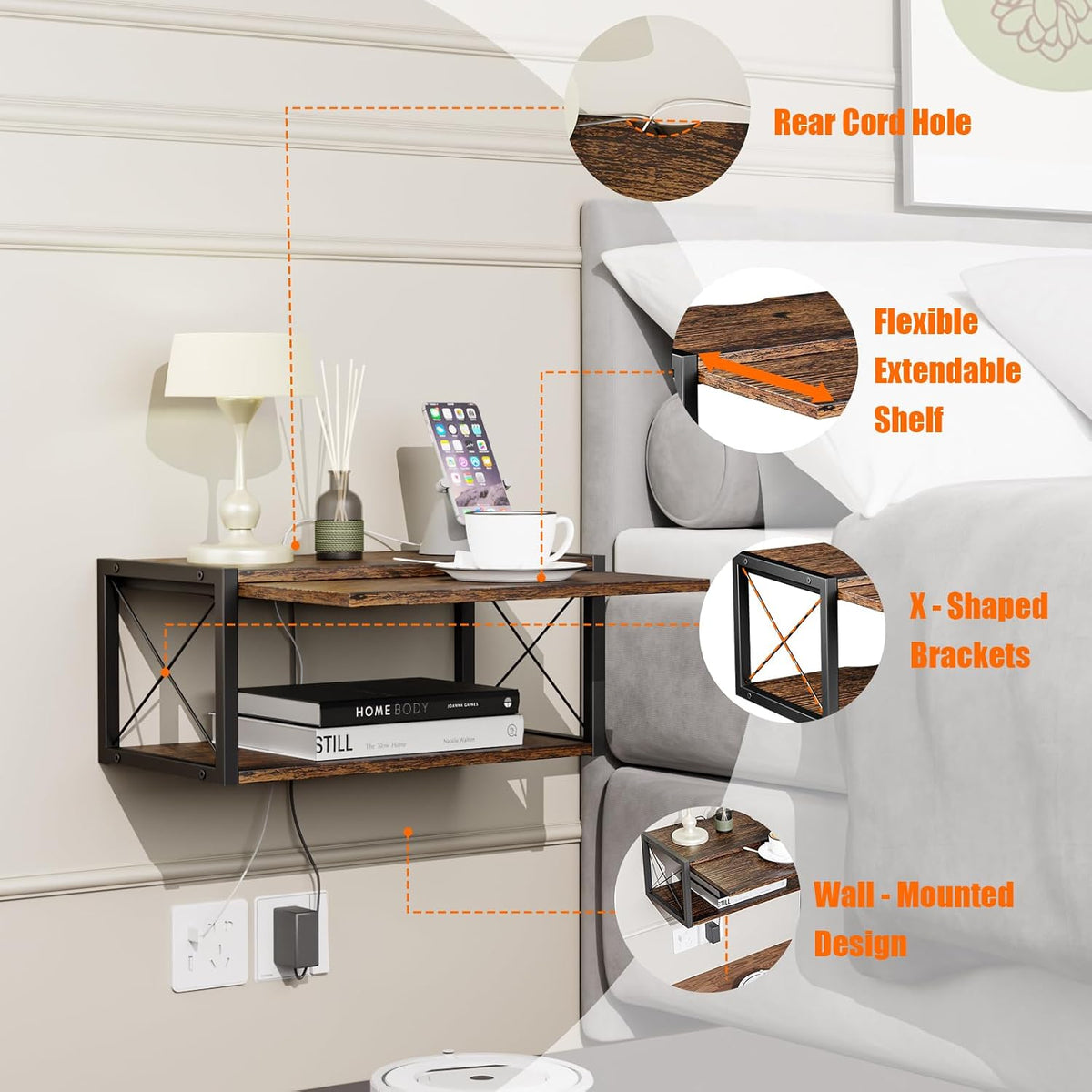 2-Tier Floating Nightstand, Wall Mounted Bedside Table, Wood Bedside Shelf Wall Mounted Nightstand, Floating Bedside Table Wall Shelf for Bedroom, Living Room, Kitchen, Office, Rustic Brown