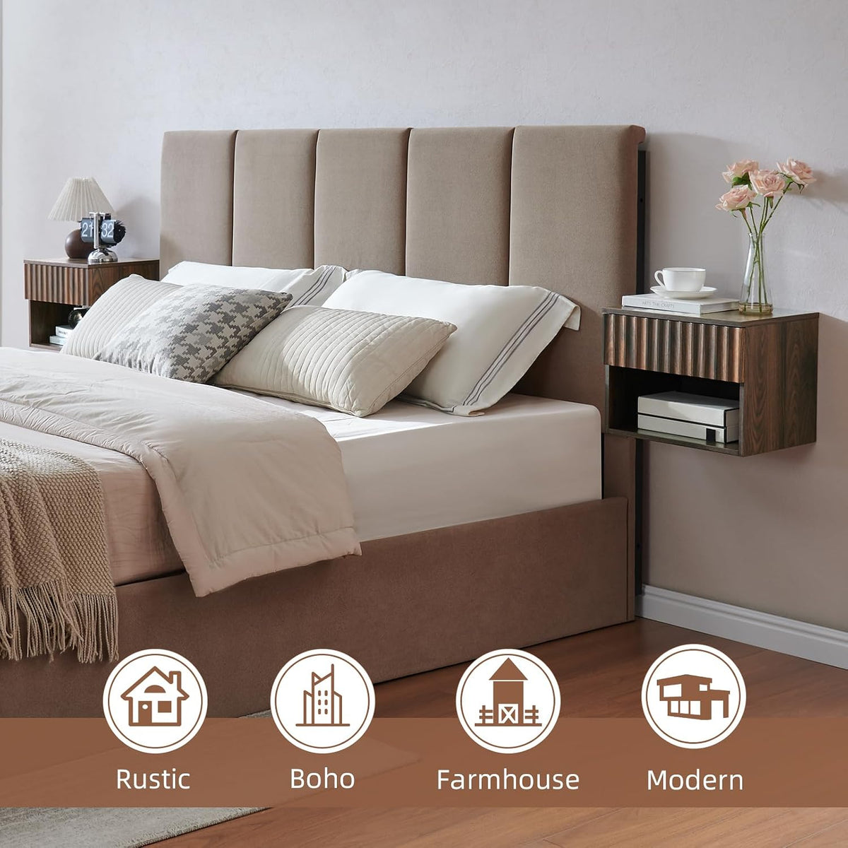 BuildHom Floating Nightstand Set of 2 with Fluted Drawer, Bedside Table