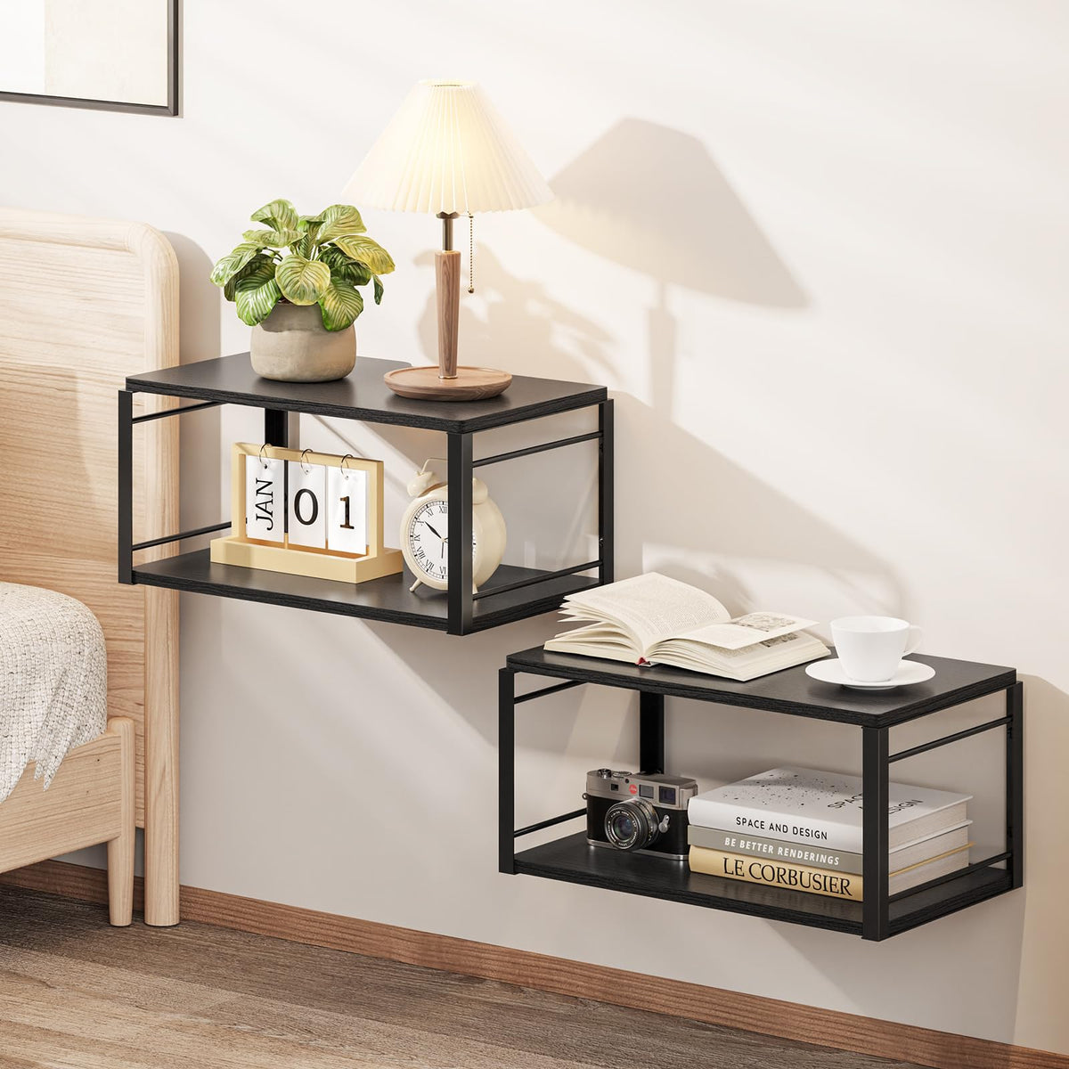 Floating Nightstand, Wood Bedside Shelf Wall Mounted Nightstand, Floating Bedside Table Wall Shelf for Bedroom, Living Room, Bathroom, Kitchen, Office (Vintage Brown)