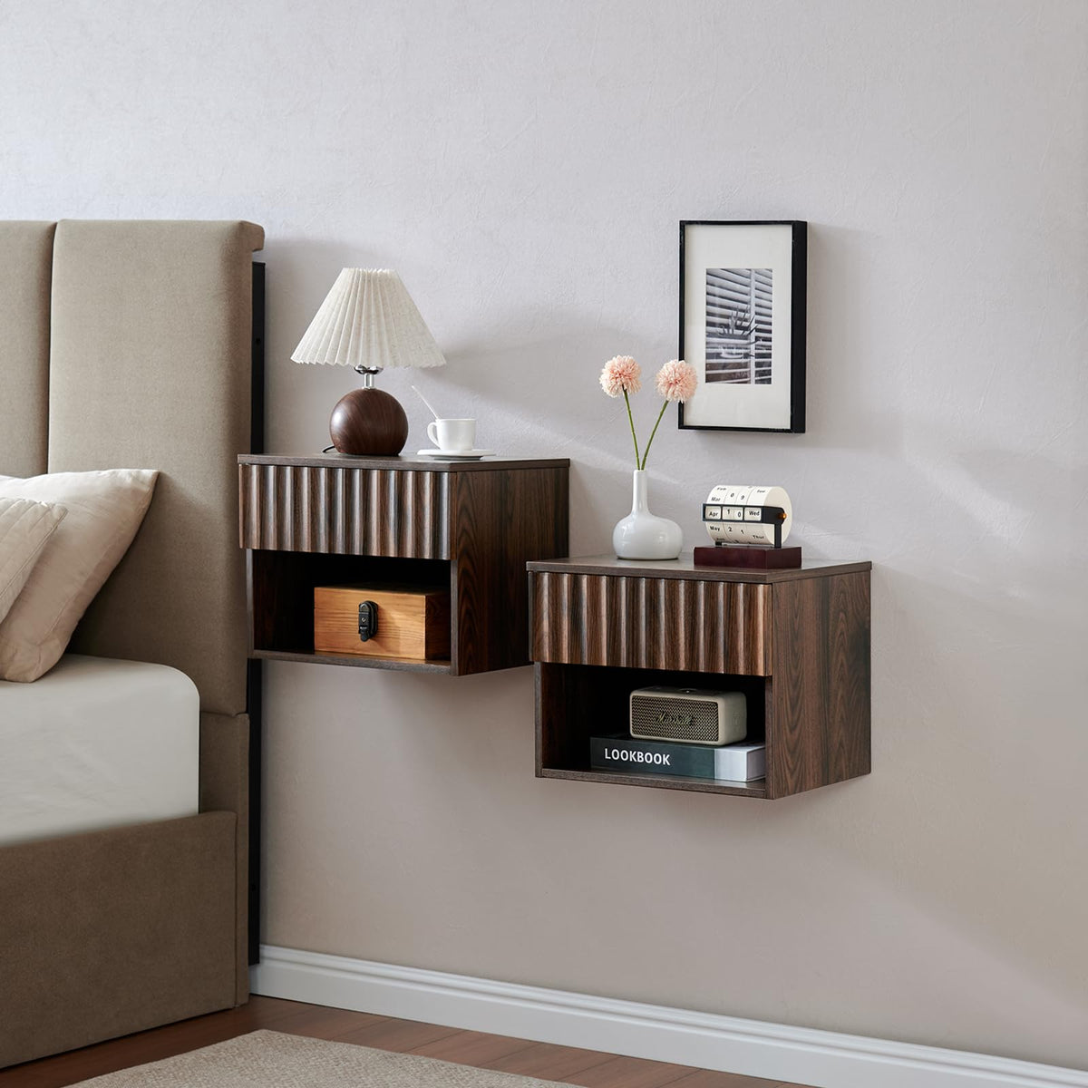 BuildHom Floating Nightstand Set of 2 with Fluted Drawer, Bedside Table