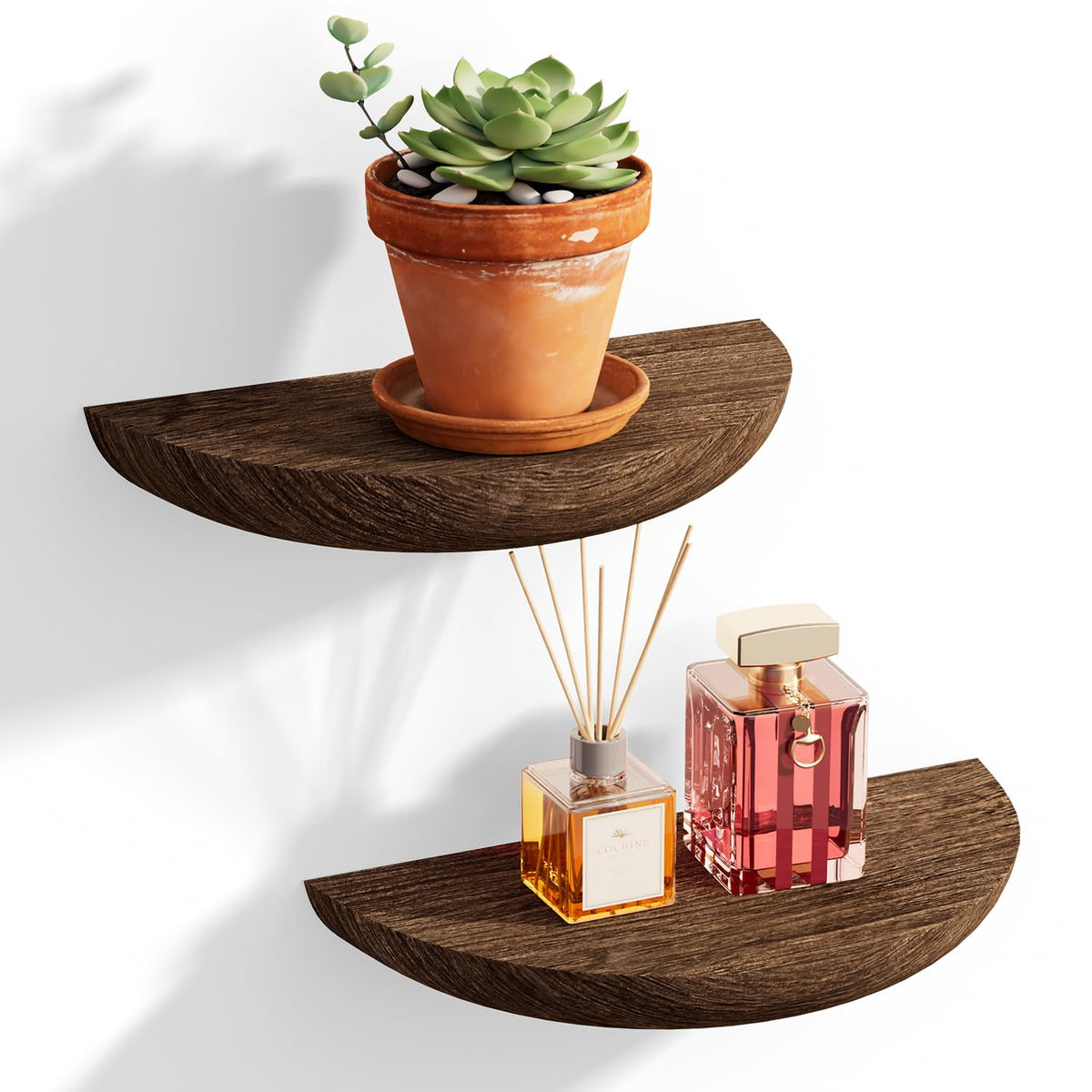 QsQueen Half Round Floating Shelves for Wall, 2 Pack Small Paulownia Wood, Screw Mount, for Plants & Decor