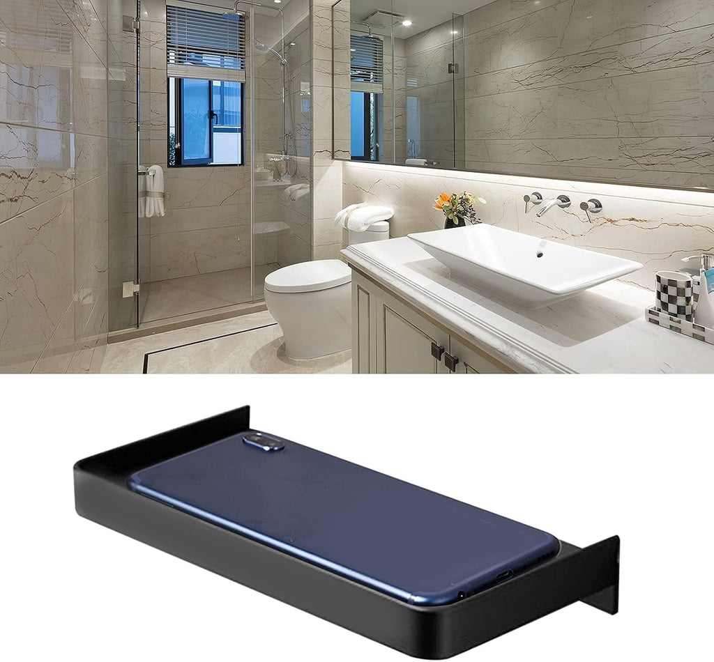 Floating Wall Shelves, Wall Mounted Tray Bathroom Wall Shelf Bathroom Phone Shelf Toilet Mobile Phone Holder Stainless Steel Bathroom Tray Wall Mounted 185x90mm (Black)