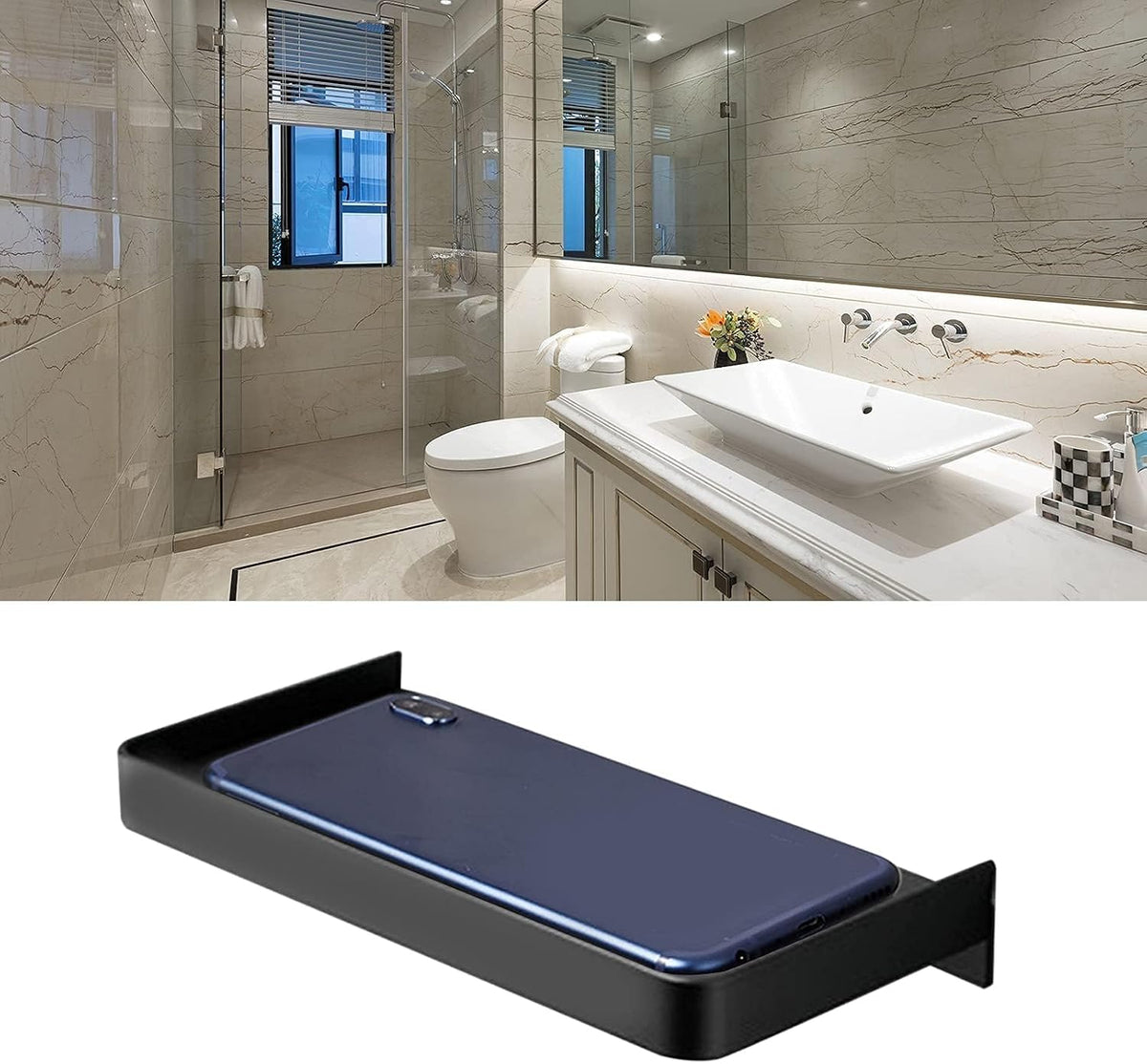 Floating Wall Shelves, Wall Mounted Tray Bathroom Wall Shelf Bathroom Phone Shelf Toilet Mobile Phone Holder Stainless Steel Bathroom Tray Wall Mounted 185x90mm (Black)