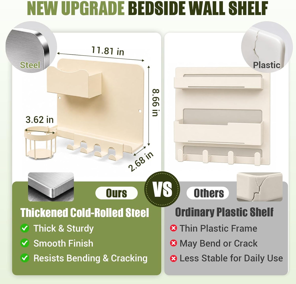 Floating Bedside Wall Shelf, Metal Wall Organizer with Detachable Cup Holde