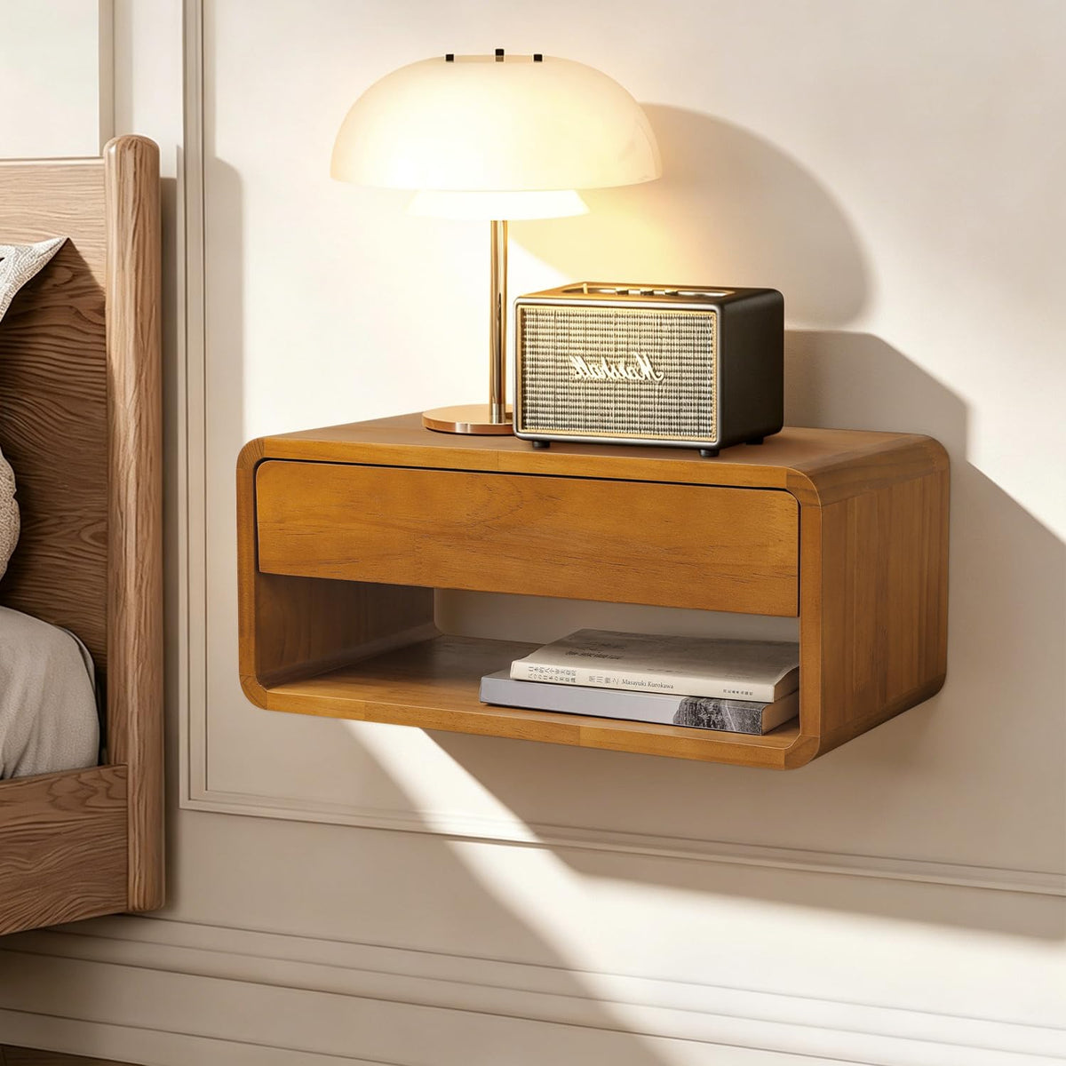 Floating Nightstand Wall Mounted Bedside Shelf Handmade Bedroom Furniture,Pine Wood Floating Bedside Table, Minimalist and Unique Style 17.5”x 9.5”x 8” Brown