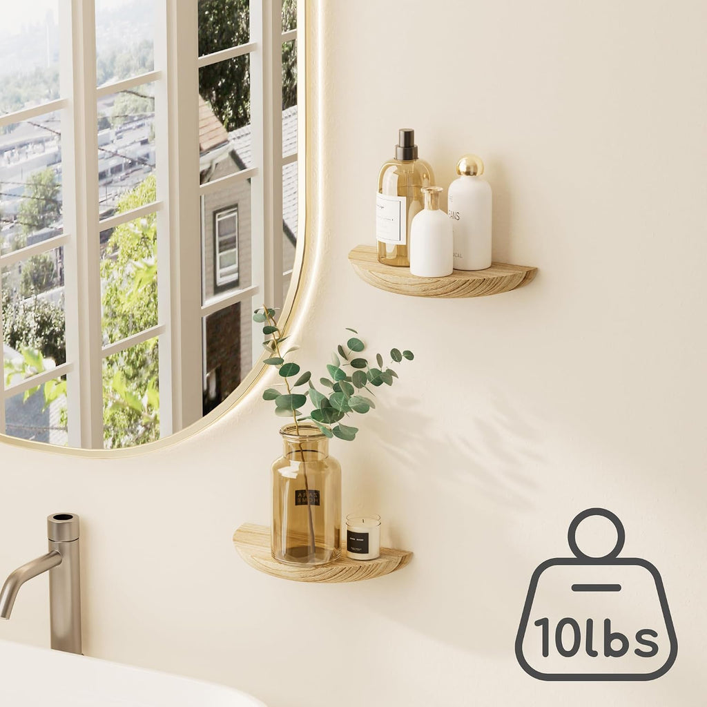 QsQueen Half Round Floating Shelves for Wall, 2 Pack Small Paulownia Wood, Screw Mount, for Plants & Decor