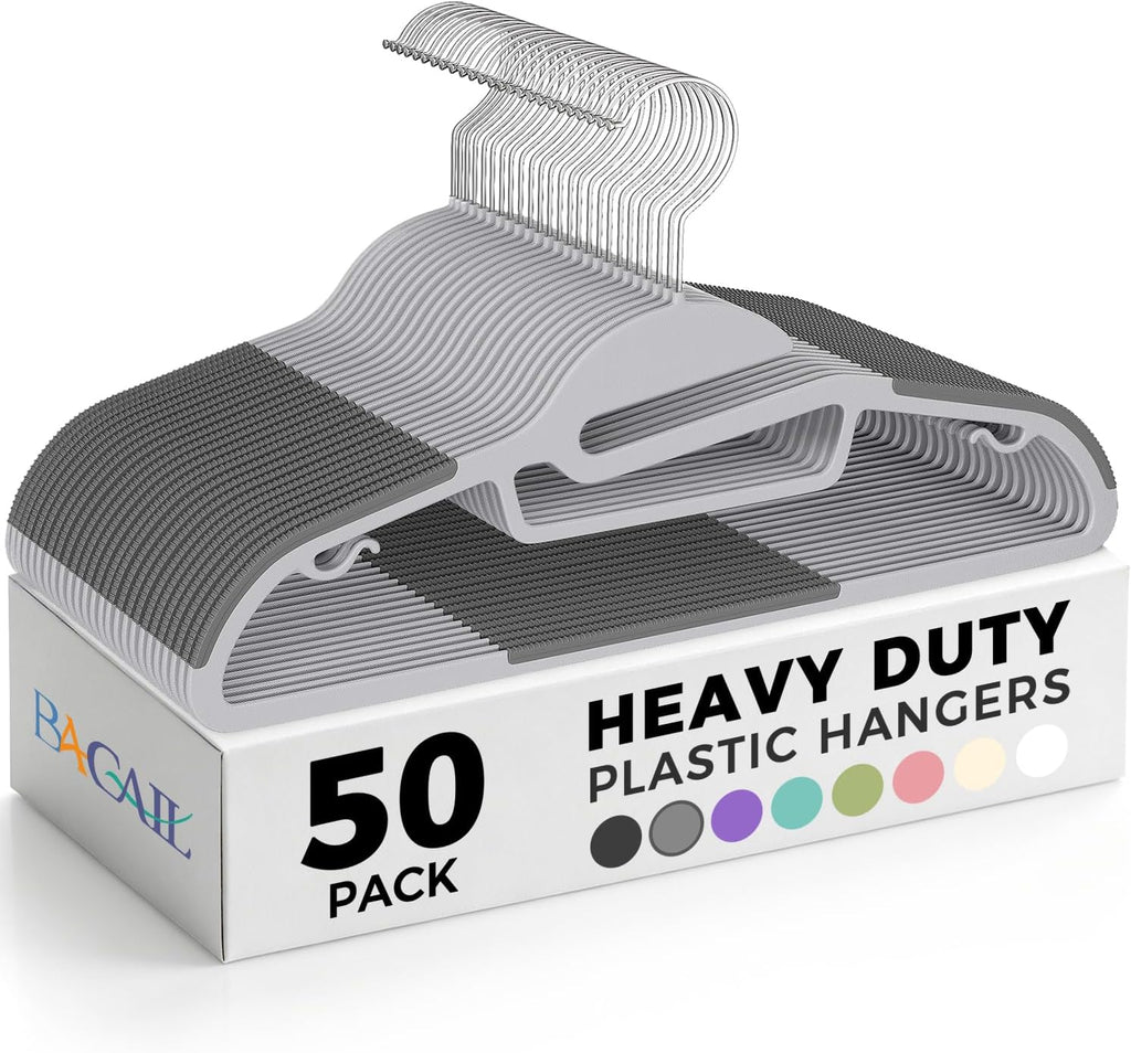 BAGAIL Plastic Hangers 50 Pack with Non-Slip Design,0.2 Inches Thick, 360°Swivel Hook Space Saving Organizer for Bedroom Closet,Shirts,Pants(Grey- S Shaped)