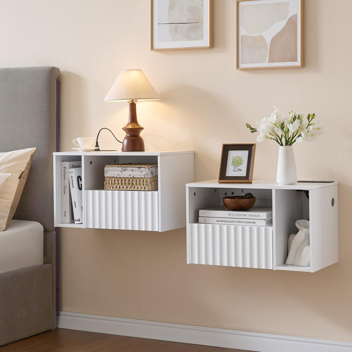 BuildHom Floating Nightstand Set of 2 with Fluted Drawer, Bedside Table