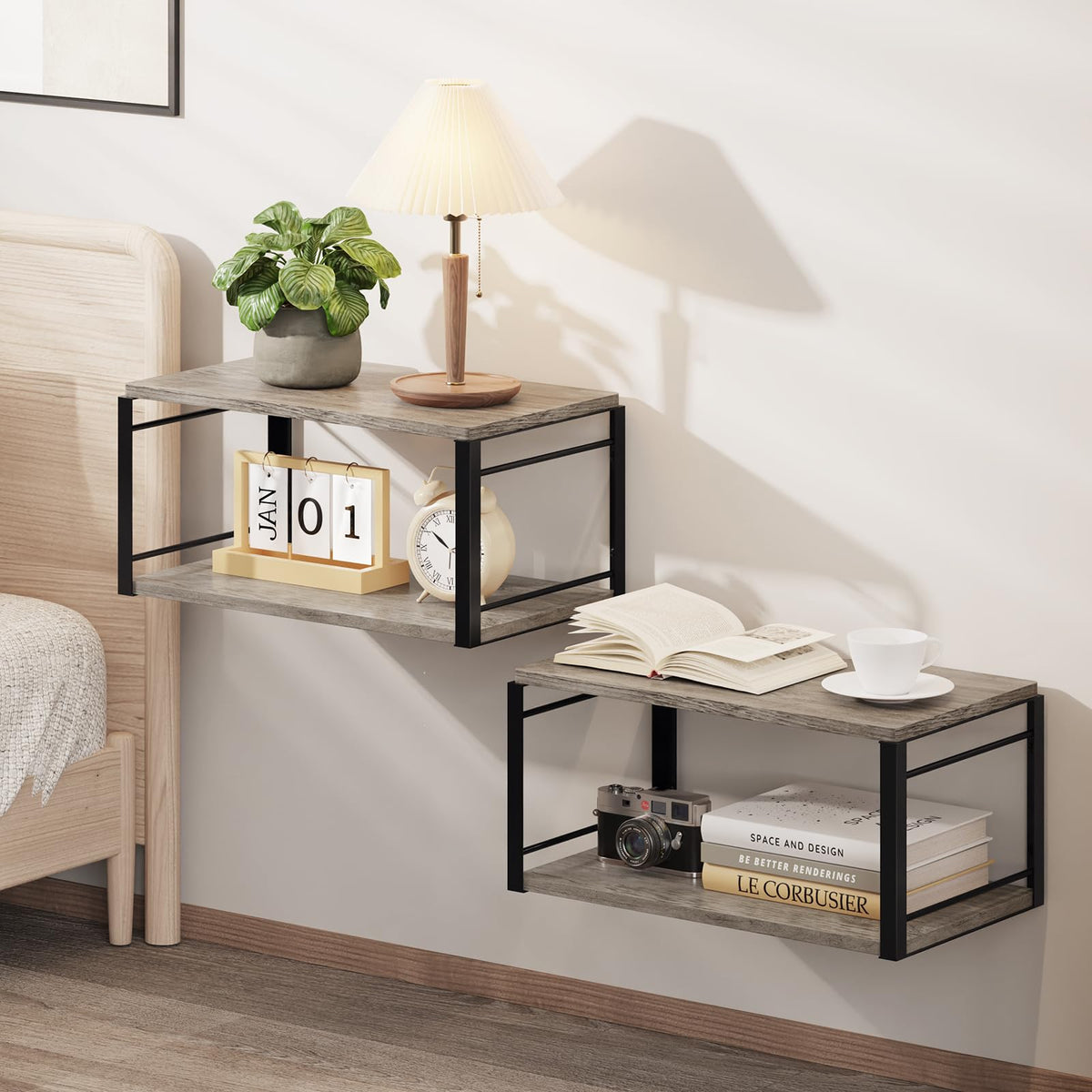 Floating Nightstand, Wood Bedside Shelf Wall Mounted Nightstand, Floating Bedside Table Wall Shelf for Bedroom, Living Room, Bathroom, Kitchen, Office (Vintage Brown)