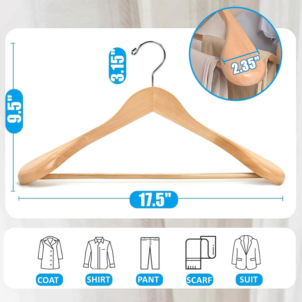 Amber Home 6 Pack Natural Wide Shoulder Wooden Suit Hangers
