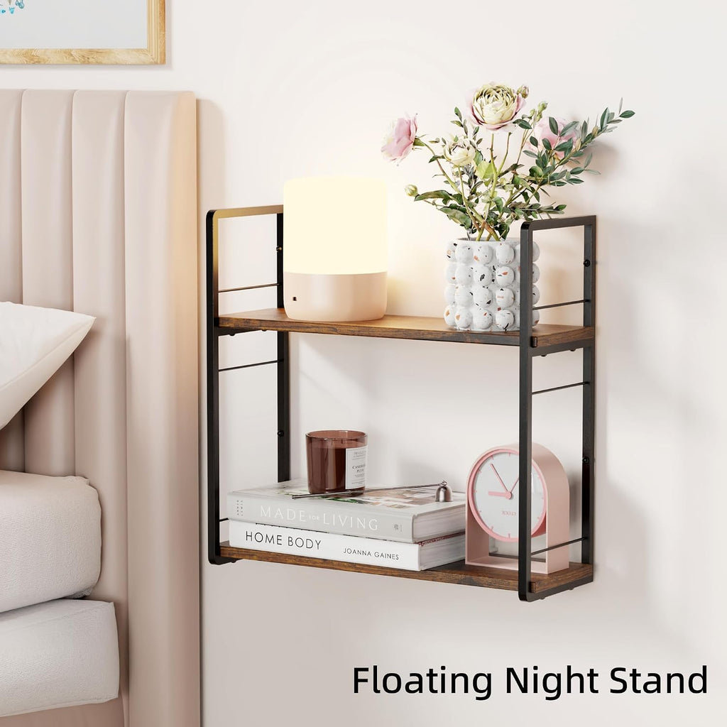 Floating Book Shelves for Wall, 2-Layer Wall Bookshelf for Book Storage, Space Saver, 16in Stud Hanging Shelf, Bedside Shelf for Living Room Bedroom Office, Dark Brown